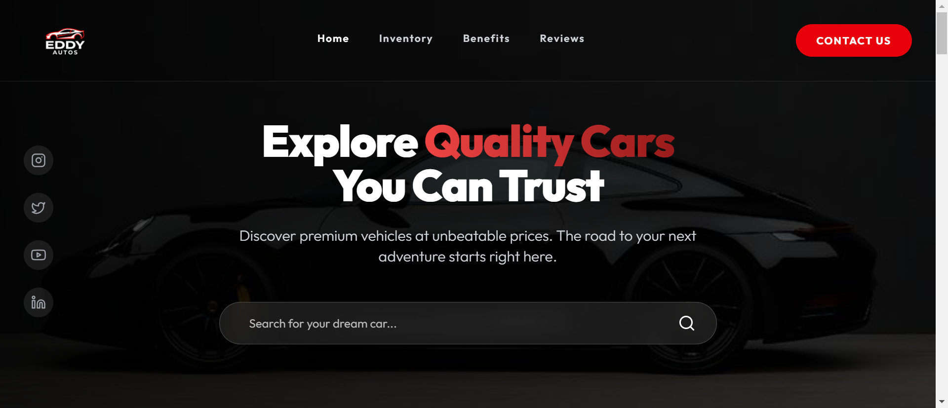 Eddy Autos homepage with vehicle search, inventory navigation, and a quality-cars headline.